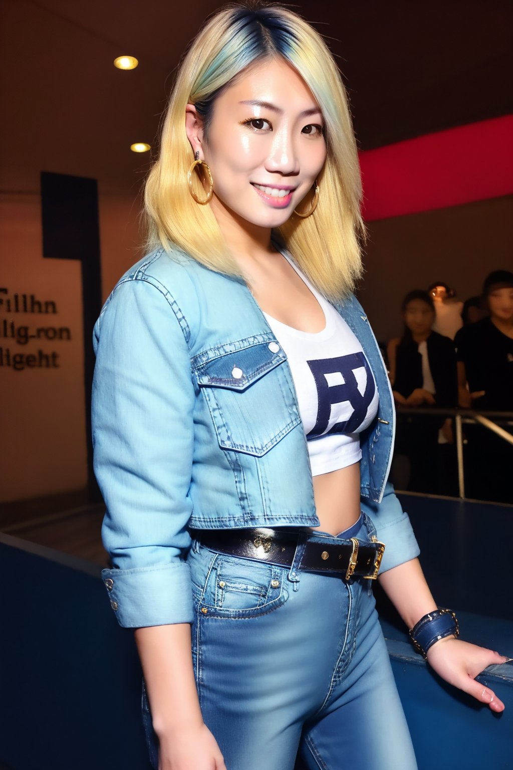 Japanese woman wearing cropped light blue denim jacket and tight light blue jeans, fitted t-shirt, 19 years old, punk belt, fashion girl make-up, big hoop earrings, flirty lips, smile, she is dating with you in a night club, blonde hair color