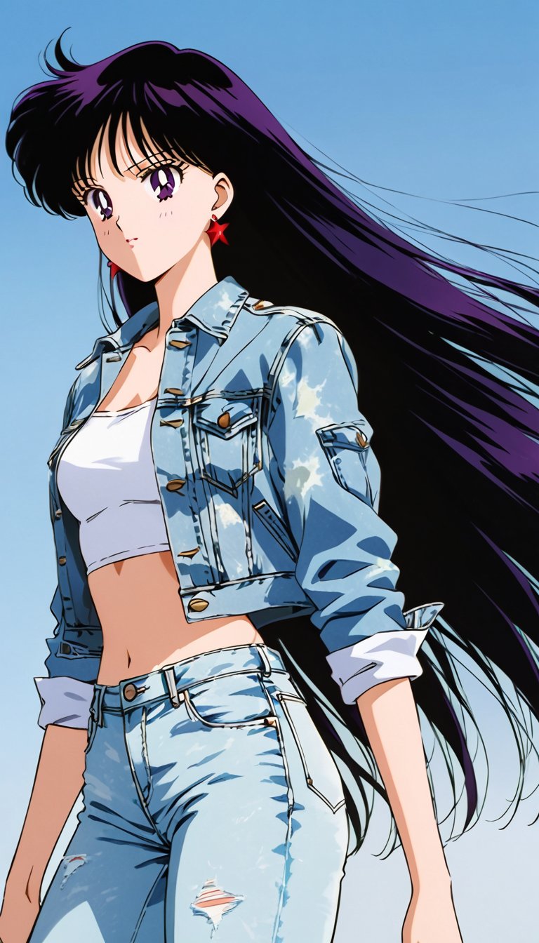 long straight hair,  wearing tight jeans and a cropped acid wash levi's denim jacket,  resembling rei hino by FTK24 on Ten...