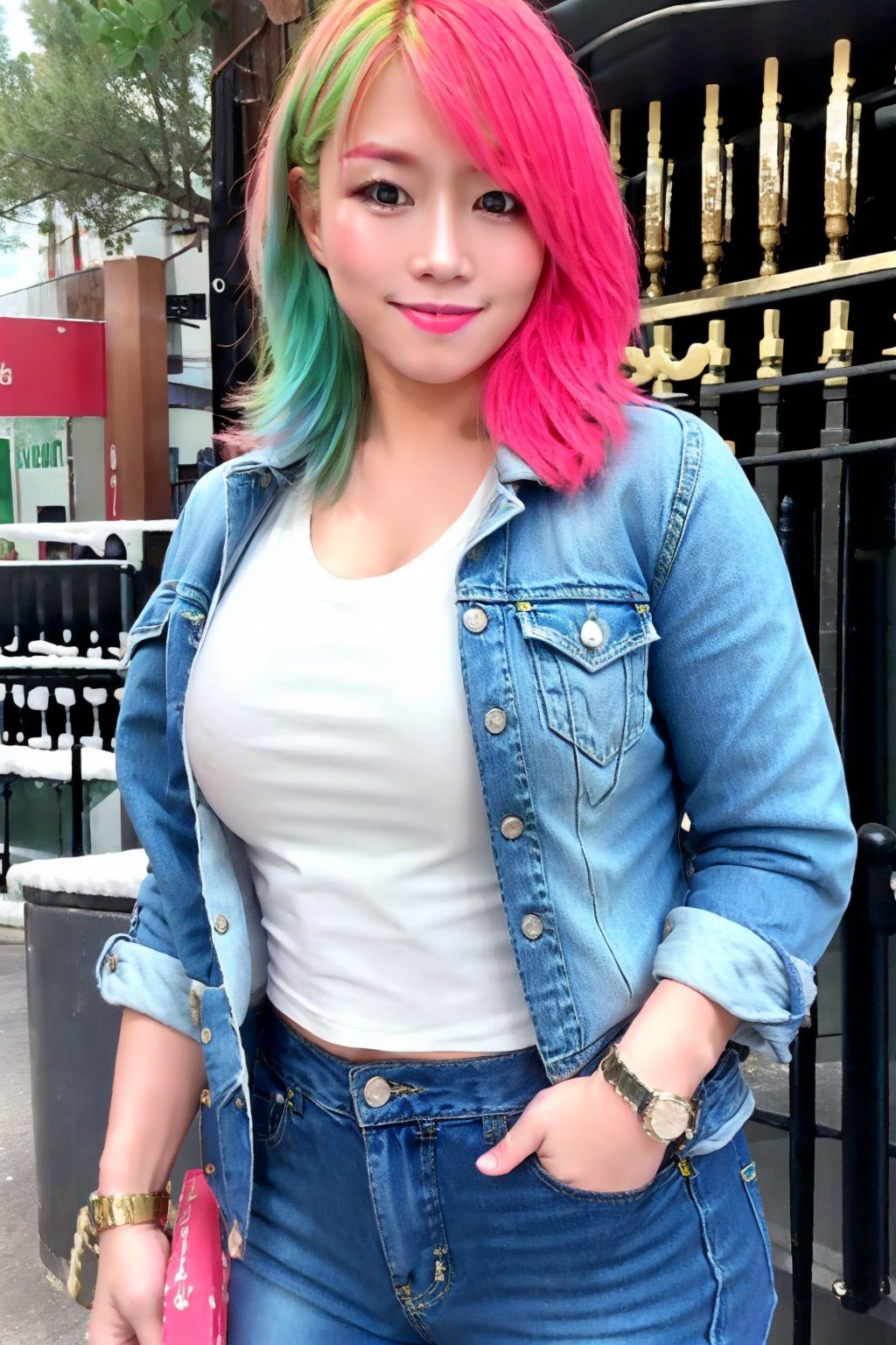 sexy smile, pink green hair color, she is wearing tight levis jeans and levis women denim jacket in light blue color