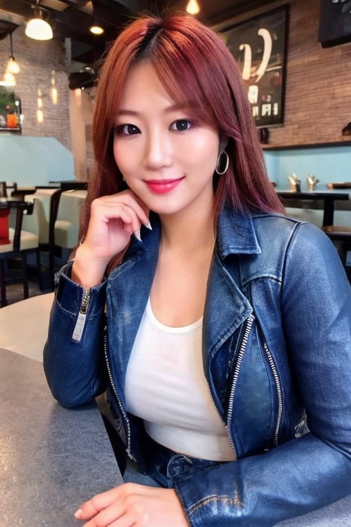 A hot baddie japanese girl is having a date and is flirting with you in a restaurant, beautiful detailed eyes, flirty bautiful perfect smile, hot jeans in light blue color, cropped leather biker jacket, hoop earrings, asuka face, baddie make-up,asuka, full body shot