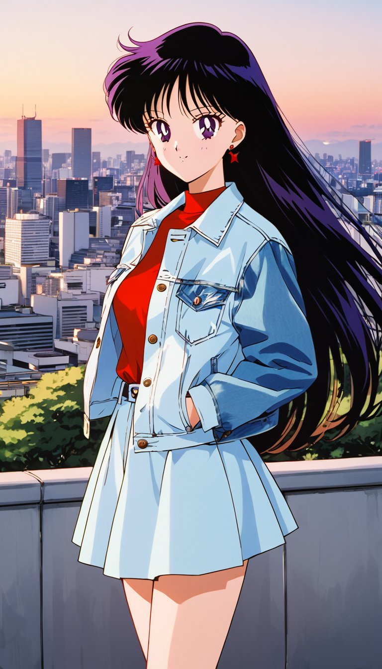 Fashion japanese female style,  long straight hair,  wearing a tight red color short dress and a levi's ex-boyfriend denim...