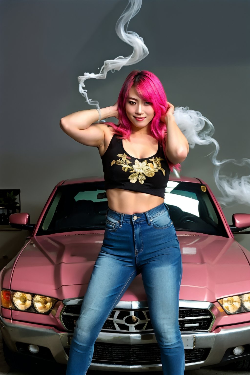 hot japanese girl, tight jeans, cropped denim jacket, asuka make-up, asyuka face, asuka hairstyle, pink blue hair color, smiling, posing sexy and smoking a cigarette, realistic, full body shot,blackbootsnjeans,hot girl