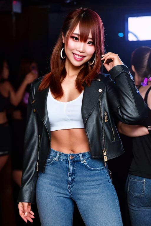 Japanese hot girl 36 years old standing candidly in a night club during a romantic date, flirty pose because she's in love with you, japanese slender body girl, hot latina baddie girl outfit, tight jeans acid wash blue color 80s style, jewel bracelerts, fashion outfit, raw style, fashion make up, crop biker jacket girl, large latina hoop earrings, kairi sane ponytail hairstyle, blonde hair, hot smile, captured from the front, Sony A7III, aspect ratio 1:2, hyperreal, photorealistic quality, dramatic backlighting, soft shadows, depth of field, ultra clear, UHD drawing