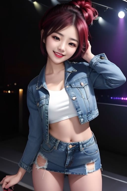 Japanese rebel girl singer, 18 years old, smile, dark lips, rebel outfit, punk girl hairstyle, she is dancing in a party at a night club, cropped small denim jacket, tight ripped mini denim skirt, punk girl makeup, full body shot, slim girl,1girl,sssggg