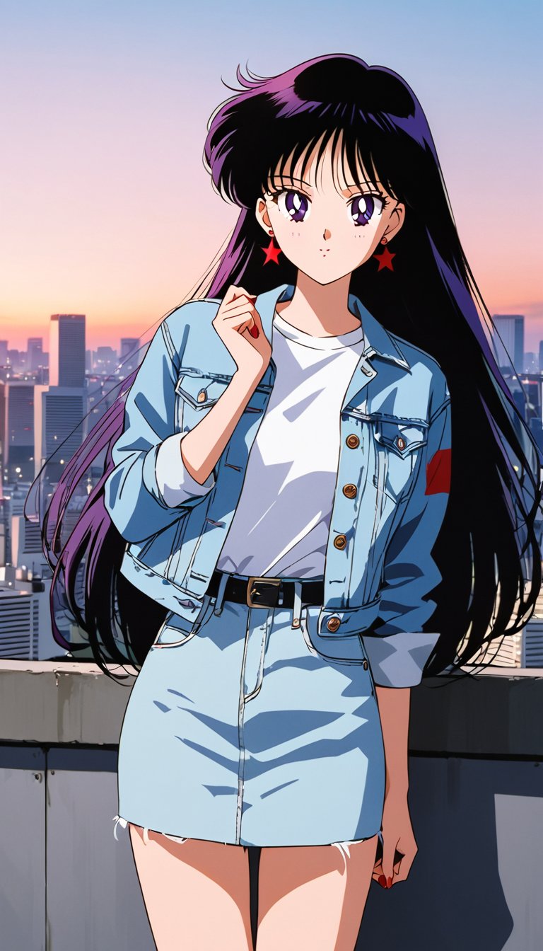 Fashion japanese female style,  long straight hair,  wearing a tight and short dress red color and a levi's ex-boyfriend d...