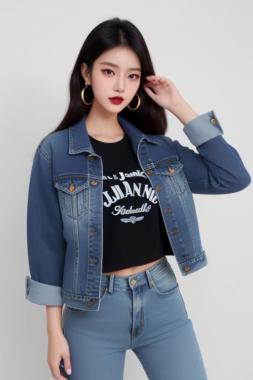 supermodel asian girl, 17 years old, beautiful detailed eyes, t, make-up, dark lips, posing sexy, 80s hairstyle, loose 80s levis jeans type, jack daniels t-shirt resemble, 80s levi's denim jacket type in very strong acid wash blue color, large hoop earrings