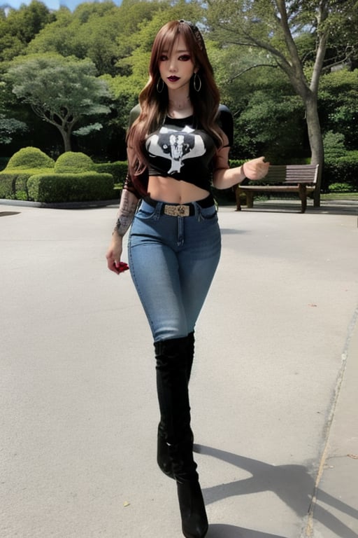 Japanese onlyfans model woman posing in a park, 36 years old, dark lips, kairi sane hairstyle, typical fashion model woman outfit, large hoop earrings, sexy t-shirt, punk girl makeup, full body shot, slim girl, sexy body, long nails,sexy jeans,Sexy Pose,blackbootsnjeans,1 girl 