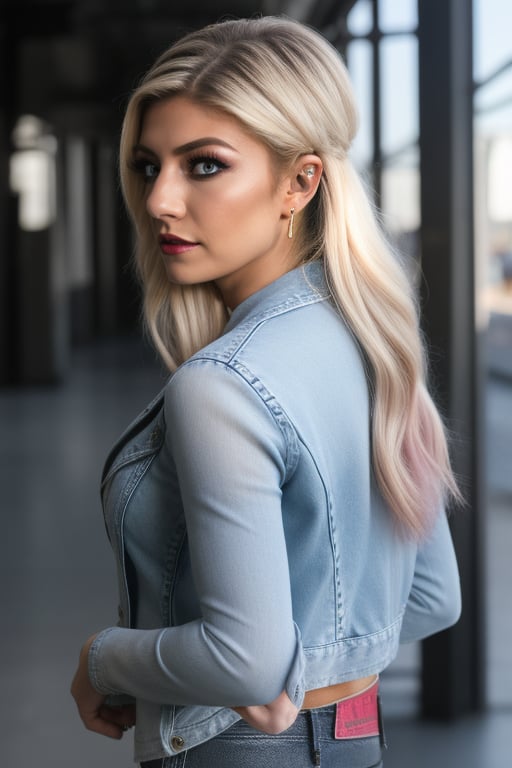 Alexa Bliss is an american fashion influencer standing so sexy, sexy pose, white t-shirt, 80s acid wash levis jeans, 80s acid wash light blue levis denim jacket, captured from the back, raw style, dark lips, blonde hair, black eyeshadows, large hoop earrings, Sony A7III, aspect ratio 1:2, hyperreal, photorealistic quality, dramatic backlighting, soft shadows, depth of field, ultra clear, UHD drawing