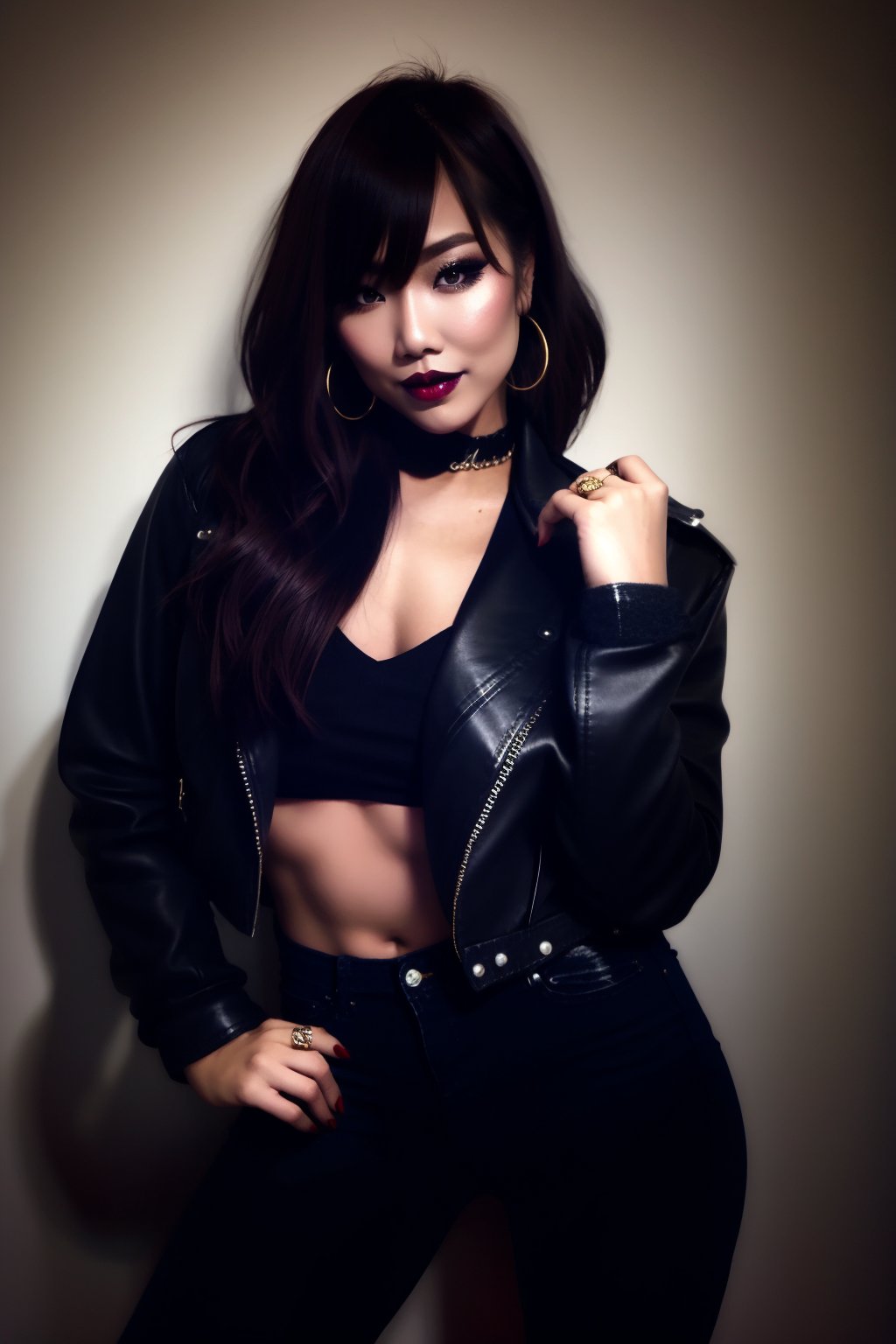 beautiful detailed eyes, sexy supermodel detailed makeup, dark lips, kairi sane hairstyle, black eyeshadows, flirty look, tight levi's jeans, punk girl cropped denim jacket, black cap, hoop earrings, long black nails, full body shot,kairisane