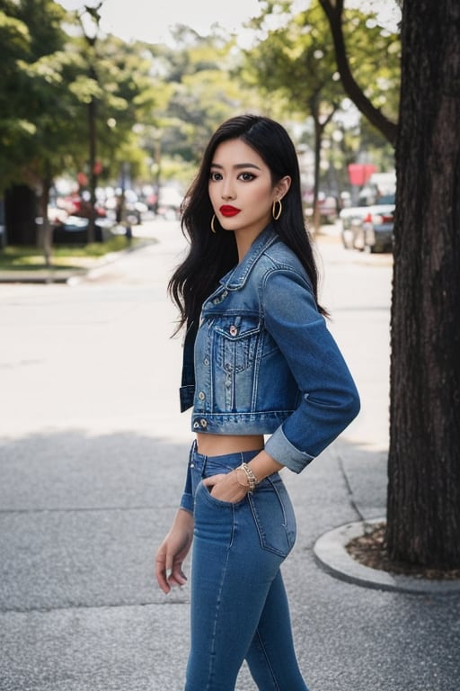 Filipina fashion influencer in her 20s standing candidly, natural pose, tight jeans, cropped fitted denim jacket, captured from the back, raw style, red lips, long hair, black eyeshadows, large hoop earrings, Sony A7III, aspect ratio 1:2, hyperreal, photorealistic quality, dramatic backlighting, soft shadows, depth of field, ultra clear, UHD drawing