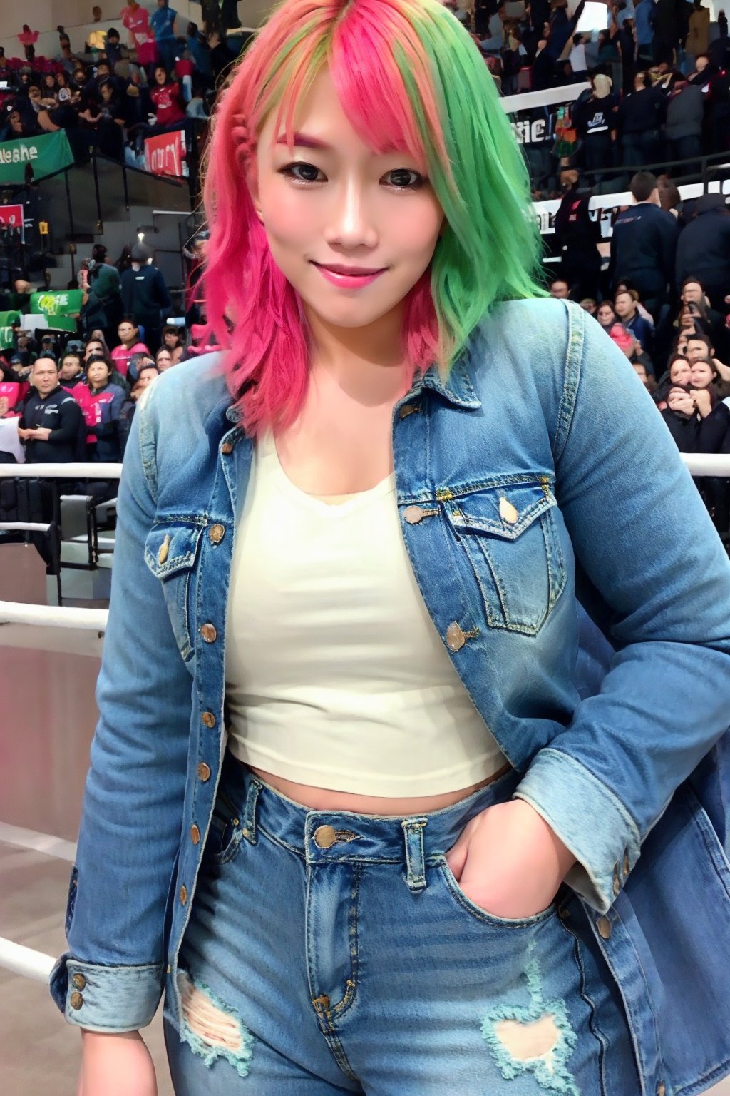 sexy smile, pink green hair color, she is wearing tight levis jeans and levis women denim jacket in light blue color