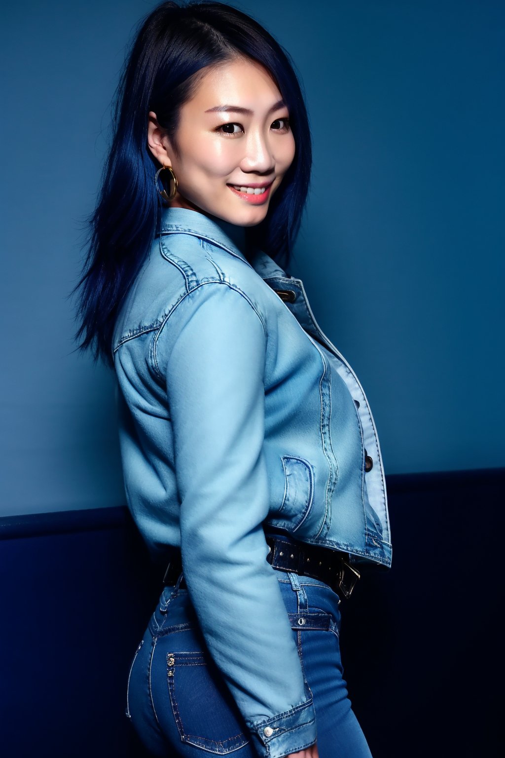 Japanese woman wearing cropped light blue denim jacket and tight light blue jeans, 19 years old, punk belt, fashion girl make-up, big hoop earrings, flirty lips, smile, she is dating with you in a night club