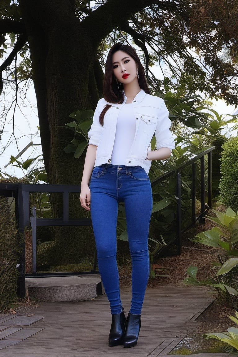 Japanese onlyfans model woman, 29 years old, dark lips, onlyfans model girl hairstyle, typical fashion model woman outfit, hoop earrings, tight denim jacket, punk girl makeup, full body shot, slim girl, sexy body, long nails,sexy jeans,sexy asian