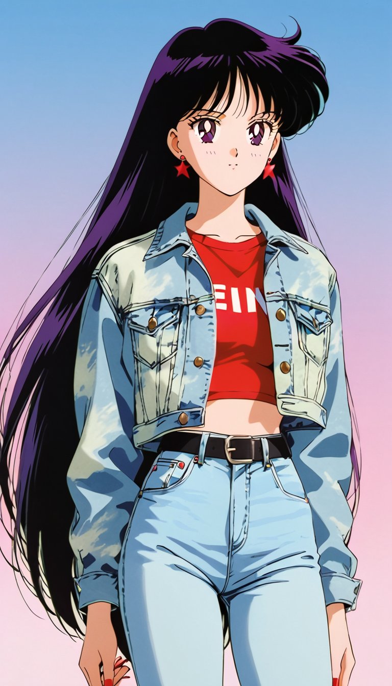 long straight hair,  wearing tight jeans and a cropped acid wash levi's denim jacket,  resembling rei hino by FTK24 on Ten...