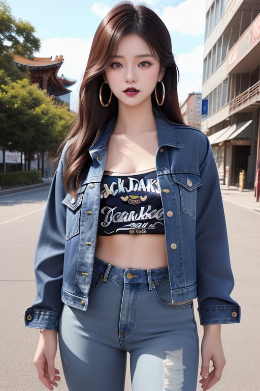 supermodel asian girl, 19 years old, beautiful detailed eyes, t, make-up, dark lips, posing sexy, 80s hairstyle, loose 80s levis jeans type, jack daniels t-shirt resemble, 80s levi's denim jacket type in very strong acid wash blue color, large hoop earrings