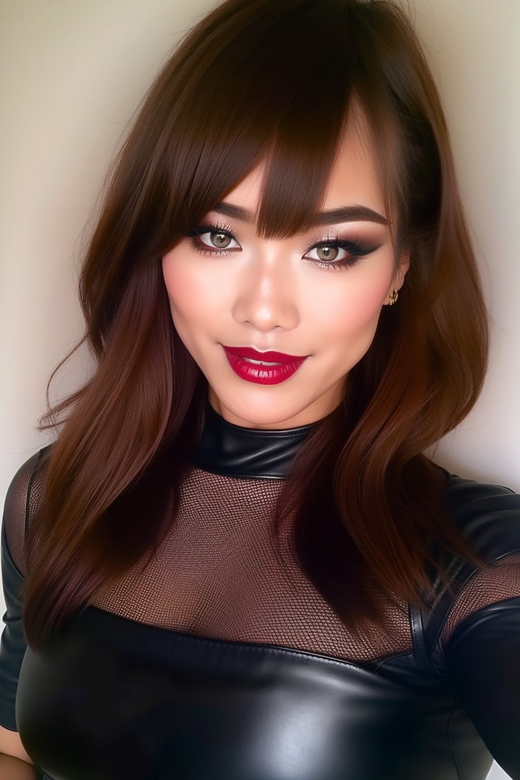 beautiful detailed eyes, sexy supermodel detailed makeup, dark lips, kairi sane hairstyle, black eyeshadows, flirty look, full leather outfit,kairisane