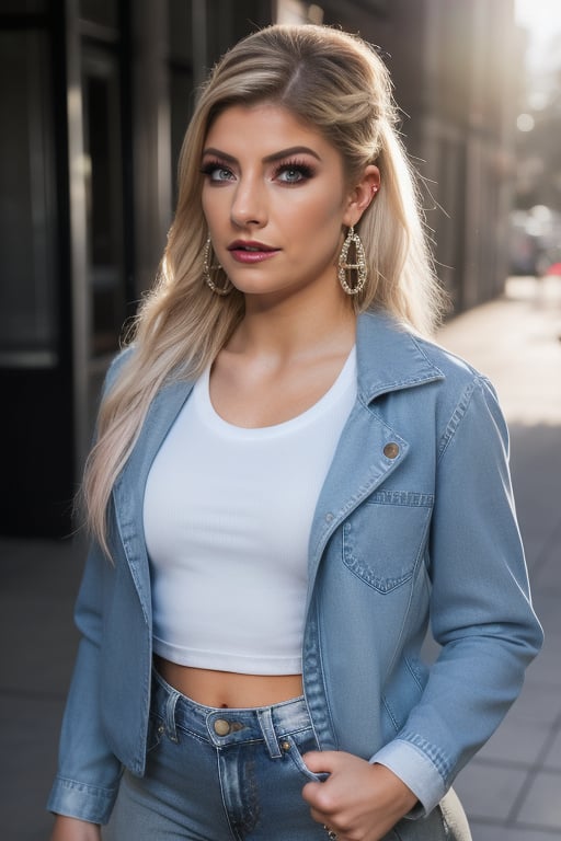 Alexa Bliss is an american fashion influencer standing so sexy, sexy pose, white t-shirt, 80s acid wash levis jeans, 80s acid wash light blue levis denim jacket, raw style, dark lips, blonde hair, black eyeshadows, large hoop earrings, Sony A7III, aspect ratio 1:2, hyperreal, photorealistic quality, dramatic backlighting, soft shadows, depth of field, ultra clear, UHD drawing