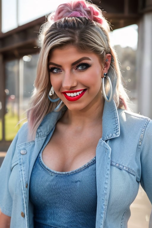 American woman 19 years old resembling Alexa Bliss, she is wearing levis jeans (short, tight, acid wash light blue color) and a ex-boyfriend levis denim jacket (acid wash blue color), alexa bliss face, alexa bliss hairstyle, punk girl makeup with red lipstick, beautiful smile, posing, daylight, full body image, large hoop earrings, photoshoot