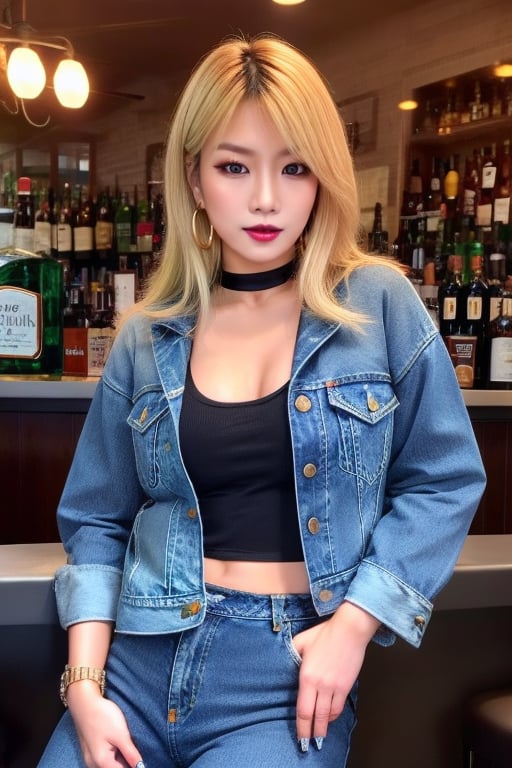 supermodel asian girl, 29 years old, beautiful detailed eyes, make-up, dark lips, posing sexy, full body shot in a bar drinking a whisky, straight blonde hair, 80s hairstyle, loose 80s levis jeans type, jack daniels t-shirt resemble, 80s levi's denim jacket type in very strong acid wash blue color, large hoop earrings