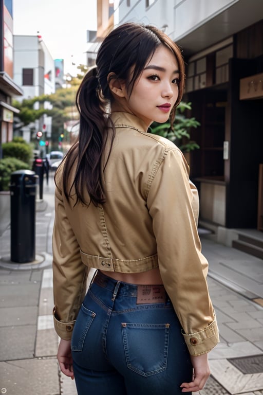 Japanese fashion influencer in her 20s standing candidly, natural pose, fitted jeans, cropped fitted denim jacket, captured from the back, raw style, black goth lips style, long hair ponytail, black eyeshadows, Sony A7III, aspect ratio 1:2, hyperreal, photorealistic quality, dramatic backlighting, soft shadows, depth of field, ultra clear, UHD drawing