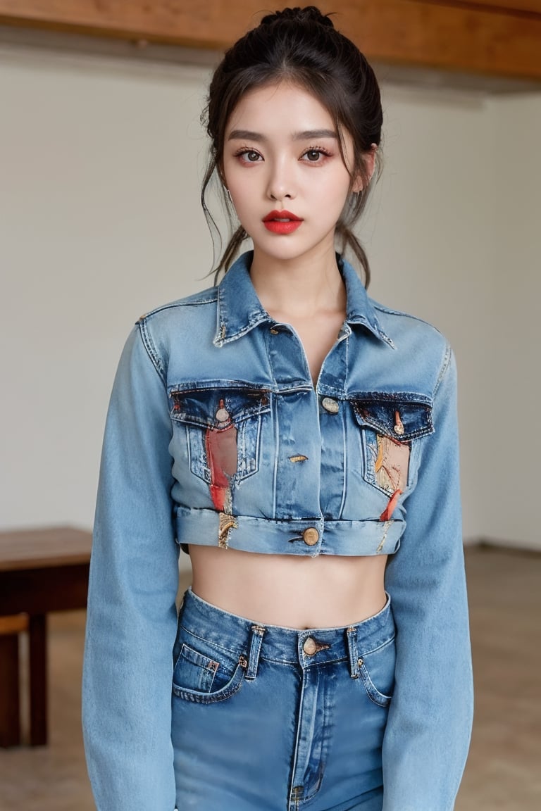 beautiful detailed eyes, tight jeans, cropped denim jacket, rebel girl hairstyle, rebel girl makeup, red lips