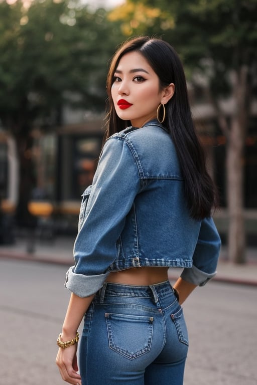 Filipina fashion influencer in her 20s standing candidly, natural pose, tight jeans, cropped fitted denim jacket, captured from the back, raw style, red lips, long hair, black eyeshadows, large hoop earrings, Sony A7III, aspect ratio 1:2, hyperreal, photorealistic quality, dramatic backlighting, soft shadows, depth of field, ultra clear, UHD drawing