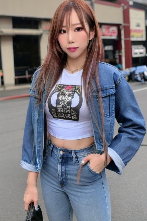 Kairi Sane, she is wearing jeans, cropped denim jacket and a sexy t-shirt