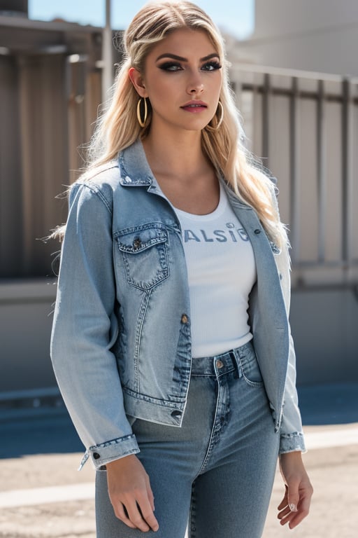 American fashion influencer resembling Alexa Bliss in her 20s standing candidly, natural pose, white t-shirt, 80s jeans style, 80s acid wash light blue denim jacket, captured from the front, raw style, fashion lips, blonde hair, 80s haristyle, black eyeshadows, large hoop earrings, Sony A7III, aspect ratio 1:2, hyperreal, photorealistic quality, dramatic backlighting, soft shadows, depth of field, ultra clear, UHD drawing