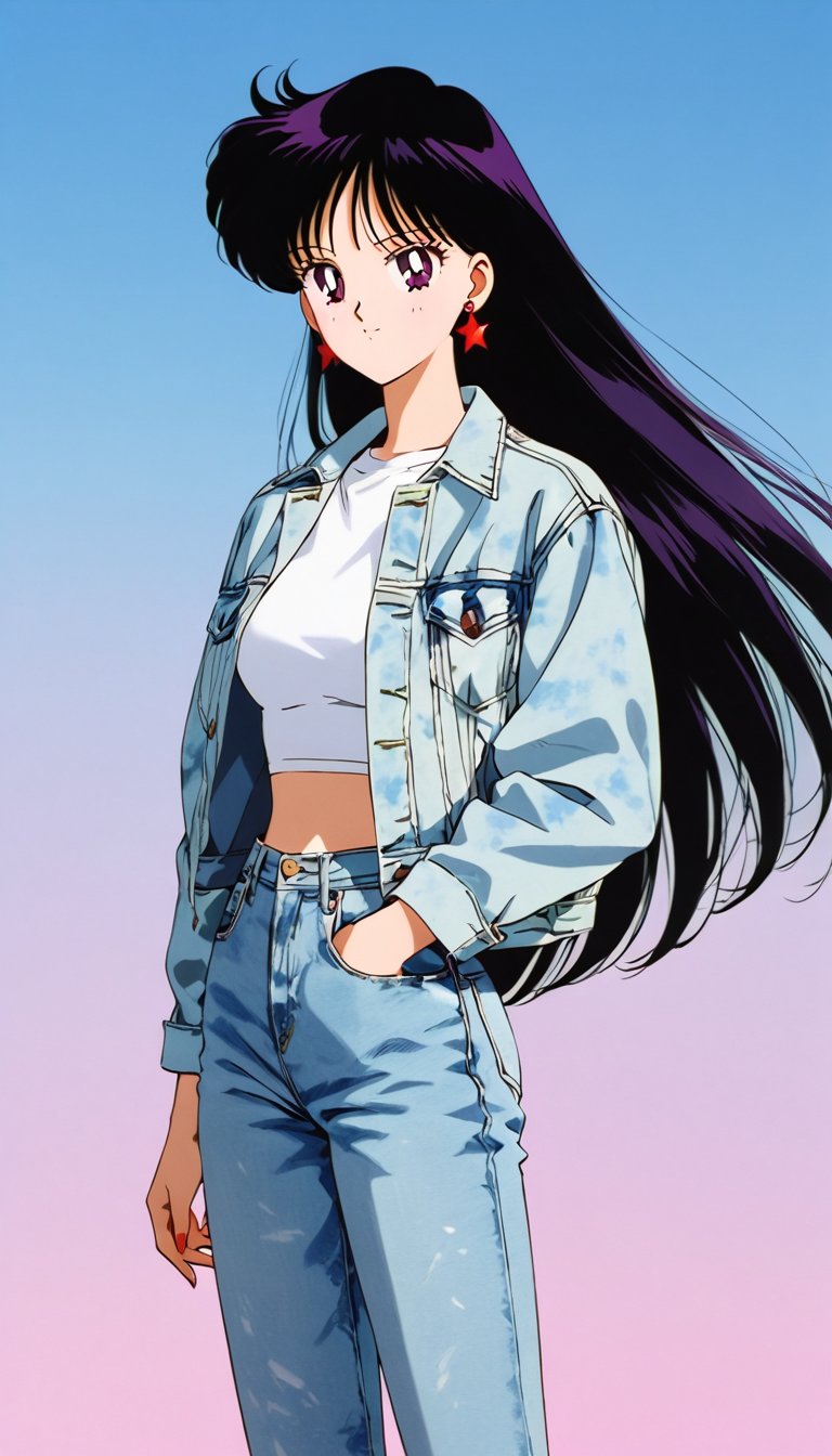 long straight hair,  wearing 80s female jeans and a 80s acid wash levi's denim jacket,  resembling rei hino by FTK24 on Te...