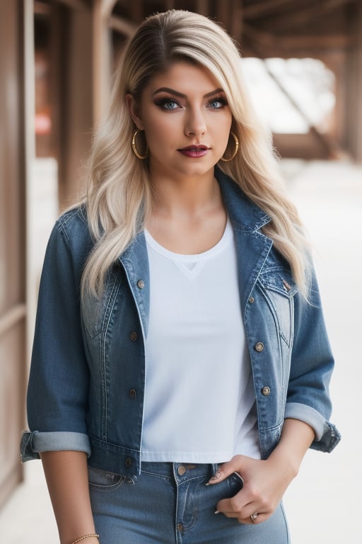 Alexa Bliss is a hot american fashion influencer standing so sexy, sexy pose, white t-shirt, 80s acid wash levis jeans, 80s acid wash light blue cropped levis denim jacket, captured from the front, raw style, dark lips, blonde hair, black eyeshadows, large hoop earrings, Sony A7III, aspect ratio 1:2, hyperreal, photorealistic quality, dramatic backlighting, soft shadows, depth of field, ultra clear, UHD drawing