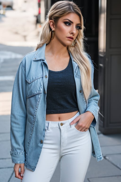 American fashion influencer resembling Alexa Bliss in her 20s standing candidly, natural pose, white t-shirt, 80s jeans style, 80s acid wash light blue denim jacket, captured from the front, raw style, fashion lips, blonde hair, 80s haristyle, black eyeshadows, large hoop earrings, Sony A7III, aspect ratio 1:2, hyperreal, photorealistic quality, dramatic backlighting, soft shadows, depth of field, ultra clear, UHD drawing