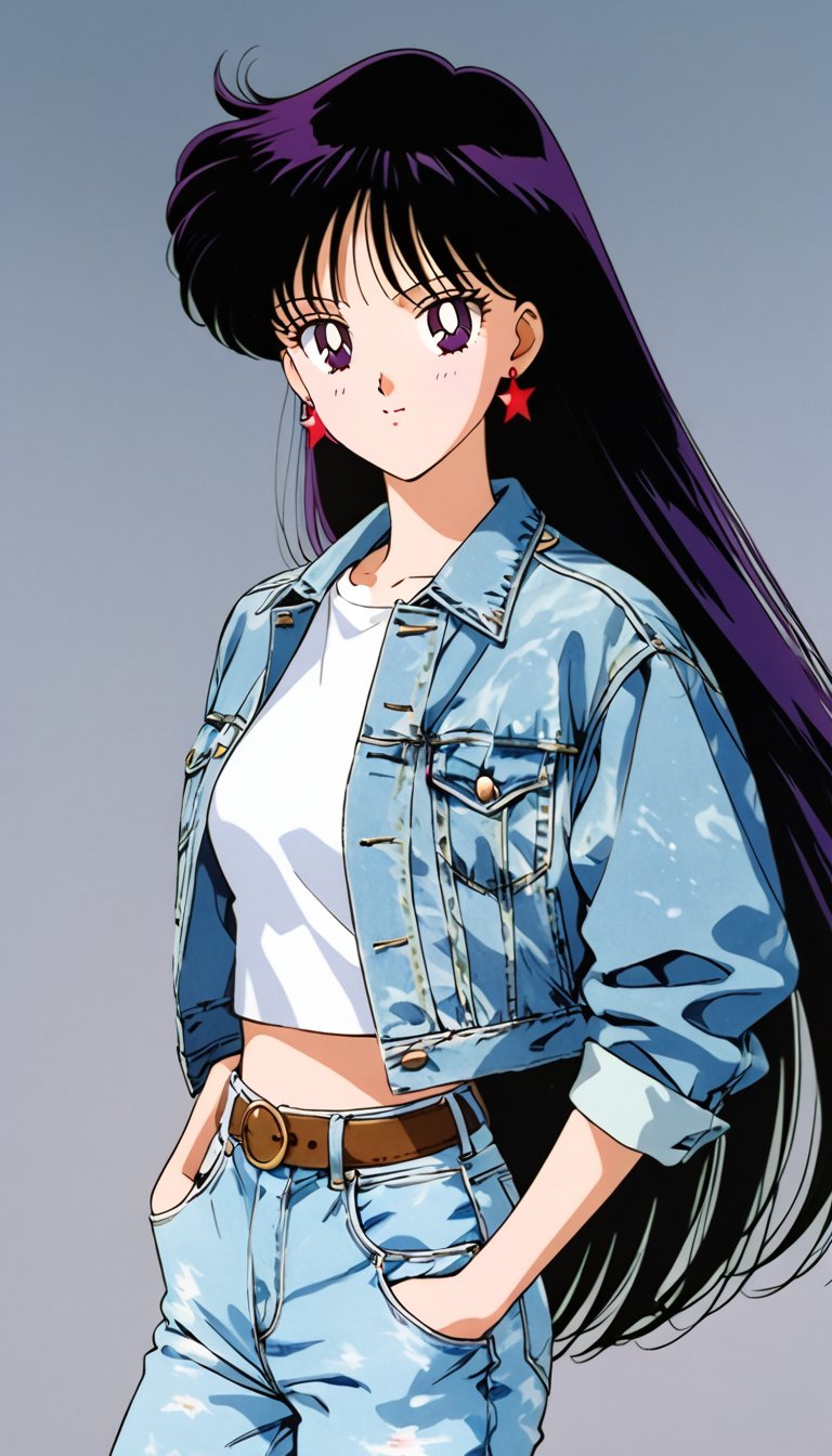 long straight hair,  wearing 80s female jeans and a 80s acid wash levi's denim jacket,  resembling rei hino by FTK24 on Te...
