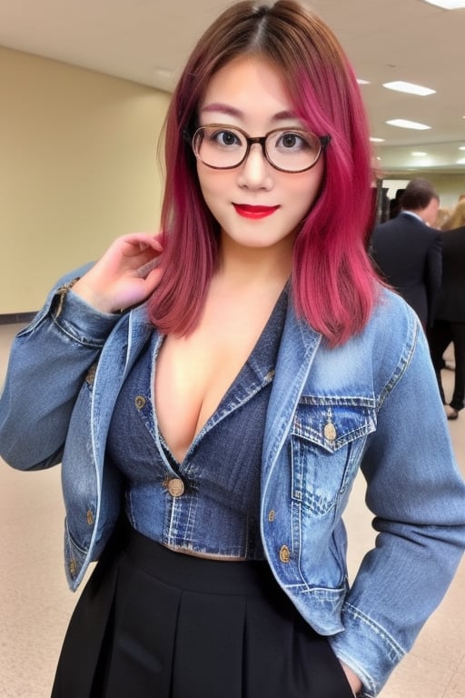 High school teacher japanese girl, sexy denim jacket, long formal black skirt, formal makeup, formal attire, red lips, cute style, she is wearing glasses, asuka haircolor, asuka face, formal hairstyle