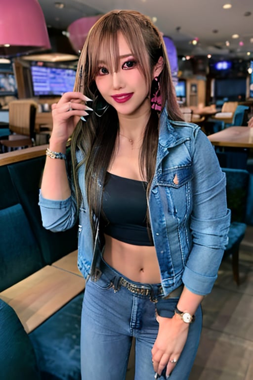 A hot baddie japanese girl is having a date and is flirting with you in a restaurant wanting to be your girlfriend, beautiful detailed eyes, flirty beautiful perfect smile, hot jeans in light blue color, cropped denim jacket, hoop earrings, kairi sane face, baddie make-up,kairisane, full body shot,masterpiece,best quality,incredibly absurdres,high detail eyes