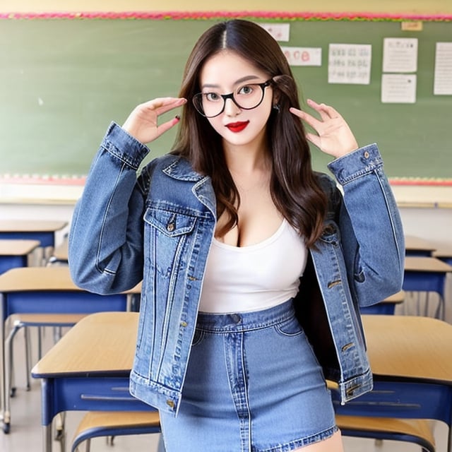 High school teacher girl, sexy denim jacket, long formal black skirt, formal makeup, formal attire, red lips, cute style, she is wearing glasses, formal hairstyle, she is posing sexy inside her classroom