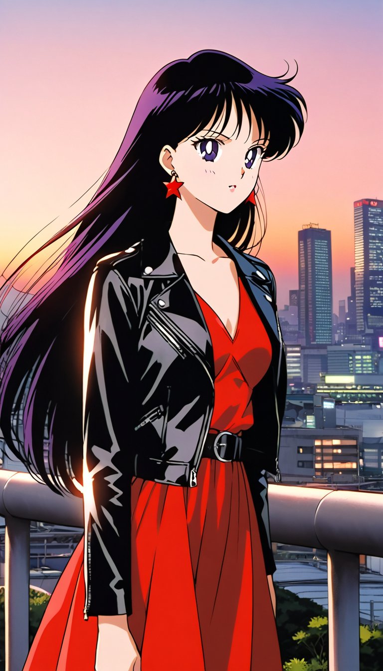 Fashion japanese female style,  long straight hair,  wearing a red dress and a biker girl leather jacket by FTK24 on Tenso...
