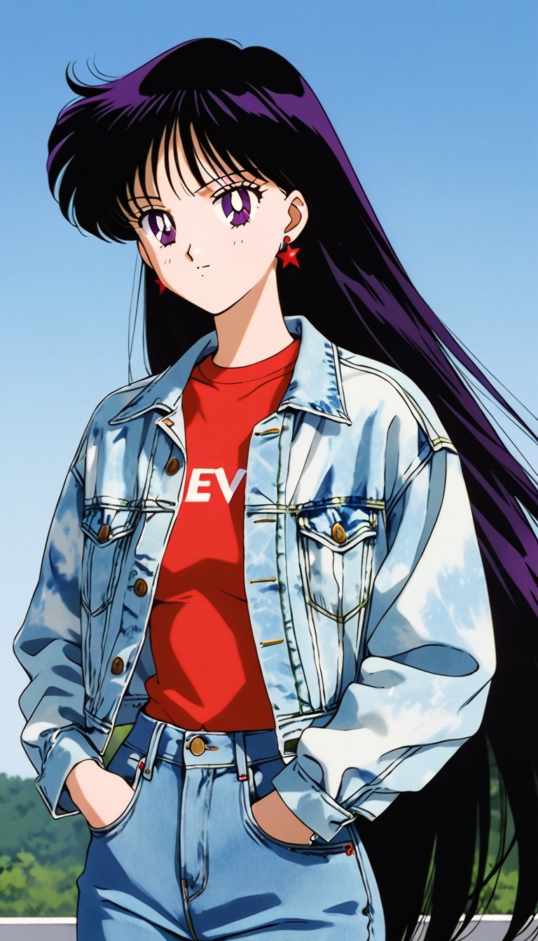 90s fashion female style,  long straight hair,  wearing 90s female jeans and a 90s acid wash levi's denim jacket by FTK24...