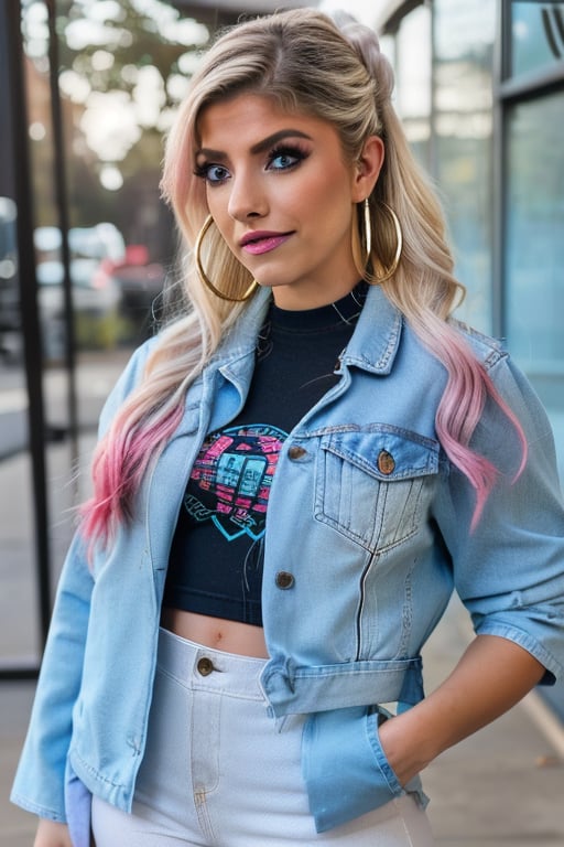 American woman 30 years old resembling Alexa Bliss, she is wearing levis jeans (short, tight, light blue color) and a ex-boyfriend levis denim jacket (light blue color), beautiful long hair, alexa bliss face, alexa bliss hairstyle, harley quinn makeup, posing, daylight, full body image, large hoop earrings, photoshoot