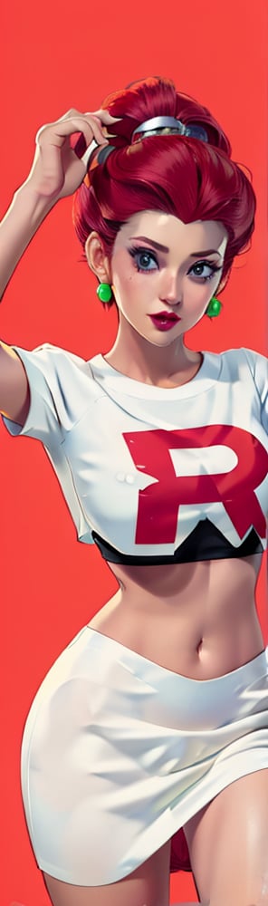 ((masterpiece, best quality)), jessie, pokemon,white top with red letter R, white skirt, pikachu background,sexy,curvy body,detailed face,perfect eyes,detailed hands,hands up,light background,mix of fantasy and realistic elements,vibrant manga,uhd picture , crystal translucency, vibrant artwork,jessie\(pokemon\)