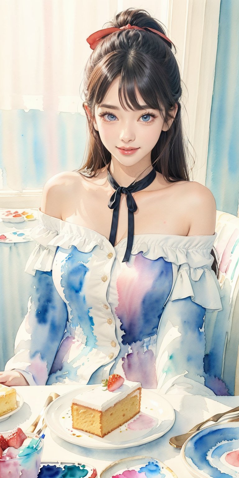 masterpiece, top quality, aesthetic, (watercolor style: 1.7), 1 woman, solo, long hair, looking at viewer, smiling, happy, open mouth, bangs, blue eyes, blonde hair, dress, long sleeves, off-shoulder dress, ribbon, holding, sitting, hair ribbon, , ponytail, :d, heart, frill, food, glass, straw, red ribbon, neck ribbon, fruit, chair, table, holding food, plate, orange juice, cake, strawberry, fork, holding fork,watercolor \(medium\)