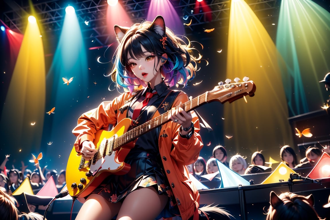 solo,closeup face,animal girl,colorful aura,colorful hair,animal head,red tie,colorful  jacket,colorful short skirt,orange shirt,colorful sneakers,wearing a colorful  watch,singing in front of microphone,play electric guitar,animals background,fireflies,shining point,concert,colorful stage lighting,no people