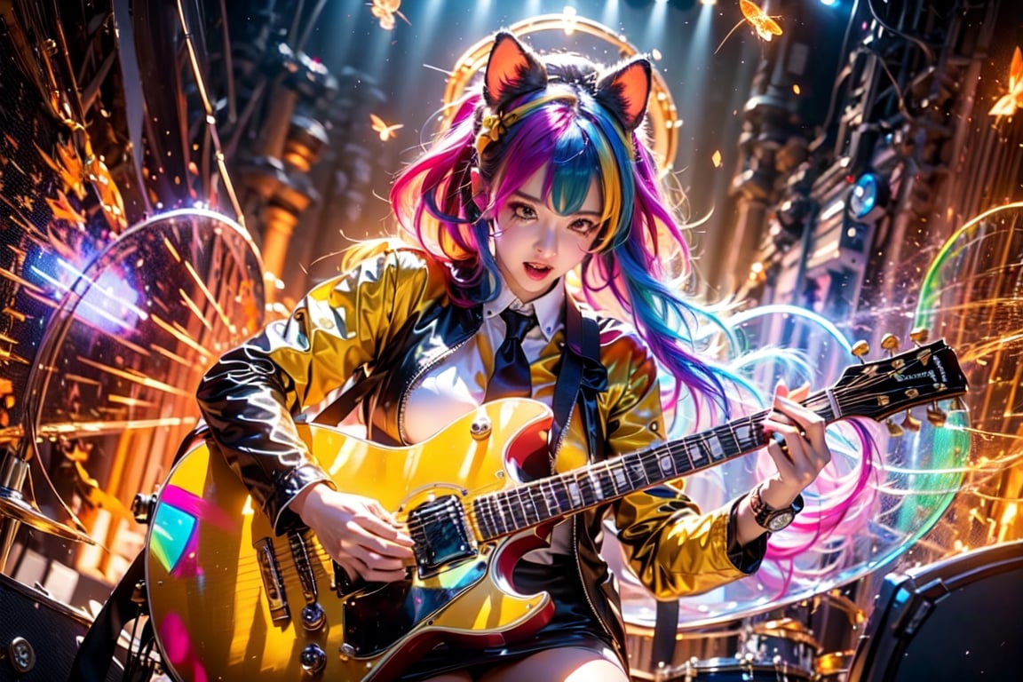 solo,closeup face,animal girl,colorful aura,colorful hair,animal head,red tie,colorful  jacket,colorful short skirt,orange shirt,colorful sneakers,wearing a colorful  watch,singing in front of microphone,play electric guitar,animals background,fireflies,shining point,concert,colorful stage lighting,no people