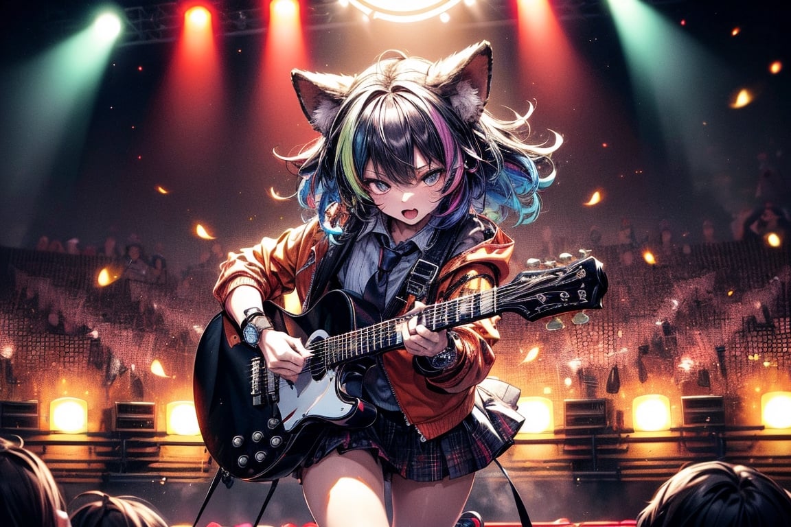 solo,closeup face,animal girl,colorful aura,colorful hair,animal head,red tie,colorful  jacket,colorful short skirt,orange shirt,colorful sneakers,wearing a colorful  watch,singing in front of microphone,play electric guitar,animals background,fireflies,shining point,concert,colorful stage lighting,no people