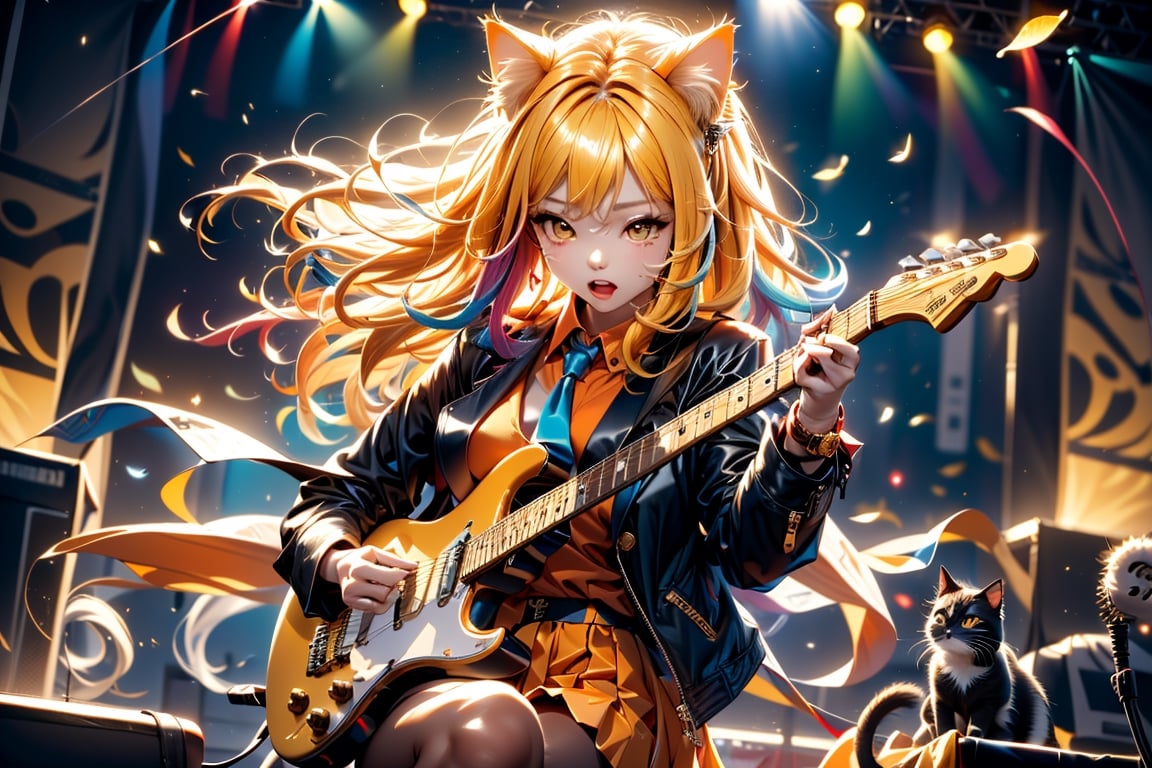 solo,closeup face,cat girl,cat tail,colorful aura,golden hair,long hair,animal head,red tie,blue jacket,colorful short skirt,orange shirt,colorful sneakers,wearing a colorful  watch,singing in front of microphone,play electric guitar,animals background,fireflies,shining point,concert,colorful stage lighting,no people