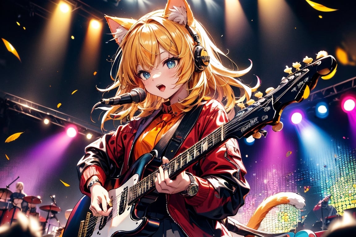 solo,closeup face,cat girl,cat tail,colorful aura,golden hair,long hair,animal head,red tie,blue jacket,colorful short skirt,orange shirt,colorful sneakers,wearing a colorful  watch,singing in front of microphone,play electric guitar,animals background,fireflies,shining point,concert,colorful stage lighting,no people