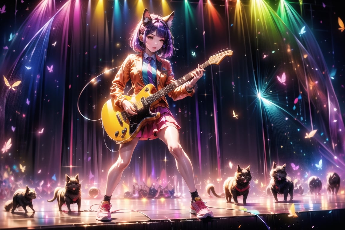 solo,closeup face,animal girl,colorful aura,purple hair,animal head,red tie,colorful  jacket,colorful short skirt,orange shirt,colorful sneakers,wearing a colorful  watch,singing in front of microphone,play electric guitar,animals background,fireflies,shining point,concert,colorful stage lighting,no people