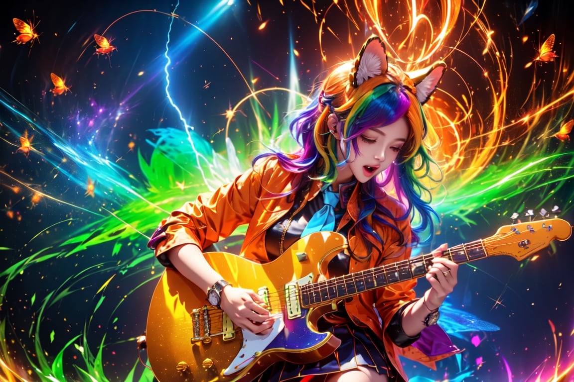 solo,closeup face,animal girl,colorful aura,colorful hair,animal head,red tie,colorful  jacket,colorful short skirt,orange shirt,colorful sneakers,wearing a colorful  watch,singing in front of microphone,play electric guitar,animals background,fireflies,shining point,concert,colorful stage lighting,no people