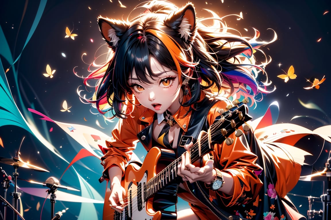 solo,closeup face,animal girl,colorful aura,colorful hair,animal head,red tie,colorful  jacket,colorful short skirt,orange shirt,colorful sneakers,wearing a colorful  watch,singing in front of microphone,play electric guitar,animals background,fireflies,shining point,concert,colorful stage lighting,no people,Korean