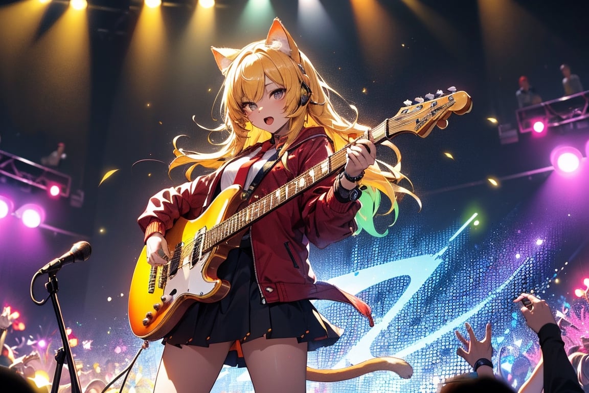 solo,closeup face,cat girl,cat tail,colorful aura,golden hair,long hair,animal head,red tie,blue jacket,colorful short skirt,orange shirt,colorful sneakers,wearing a colorful  watch,singing in front of microphone,play electric guitar,animals background,fireflies,shining point,concert,colorful stage lighting,no people