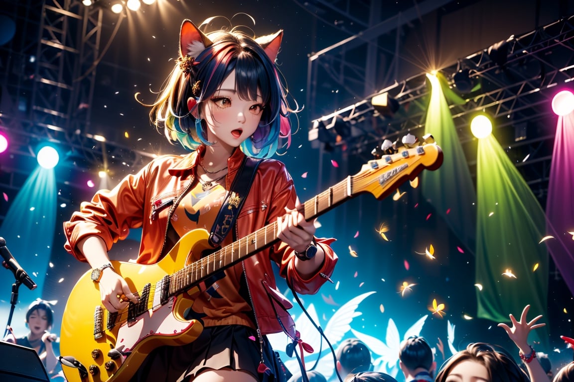 solo,closeup face,animal girl,colorful aura,colorful hair,animal head,red tie,colorful  jacket,colorful short skirt,orange shirt,colorful sneakers,wearing a colorful  watch,singing in front of microphone,play electric guitar,animals background,fireflies,shining point,concert,colorful stage lighting,no people